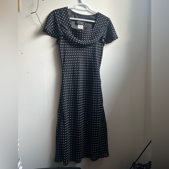 Vintage 90’s Jolibel Petite Black & White Polka Dot Chiffon Dress 50’s neckline - Picture 2 of 6